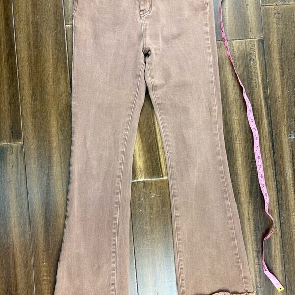 CiderSz S Brown Flare Denim Jeans High Waist Fall Belt Loop Pockets Frayed Hem - Picture 4 of 9
